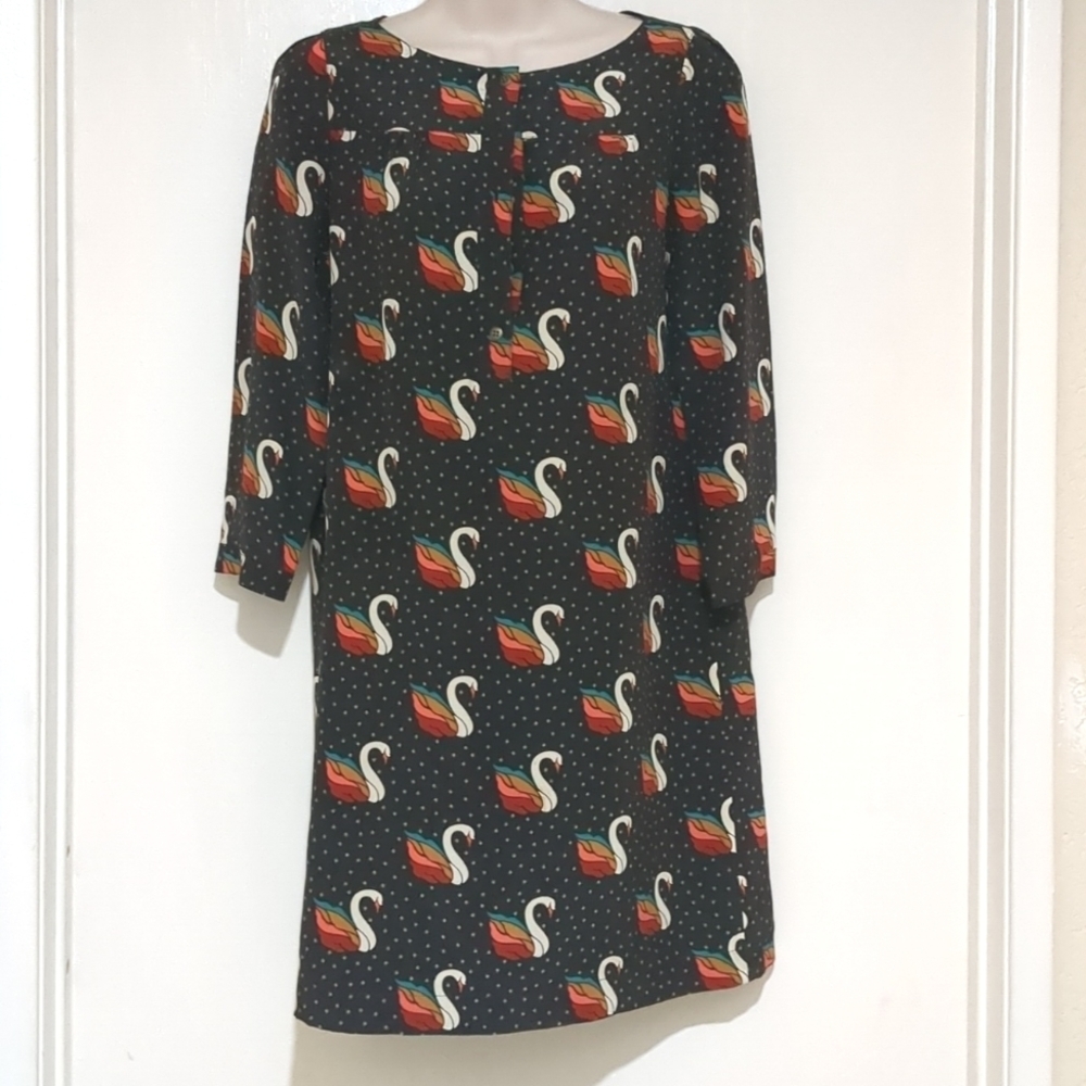 Fossil Silk Shift Brown Dress Swan Polka Dot Size XS